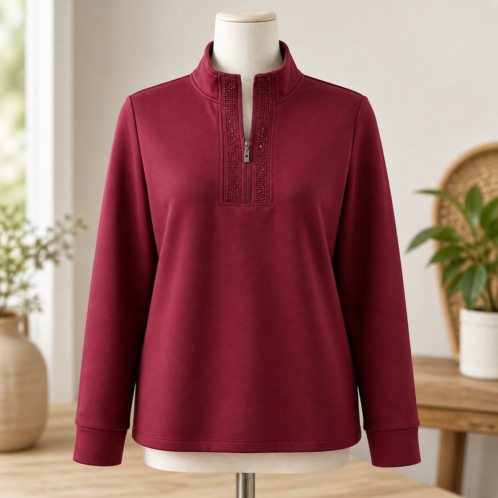 Belle by Kim Gravel Burgundy Rhinestone Quarter Zip Pullover Top MP